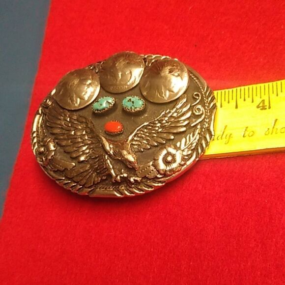 Vintage Turquoise & Coral Eagle Southwestern Silver Tone Metal Handcrafted Sign - Picture 8 of 9